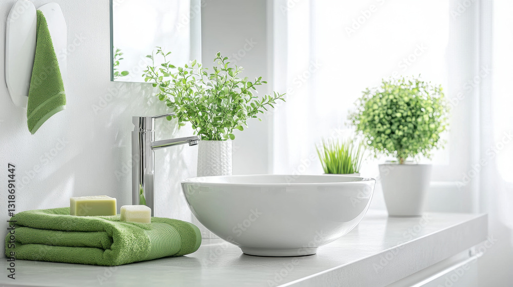 Fototapeta premium Stylish bathroom interior with vessel sink and mirror. white and green tones.