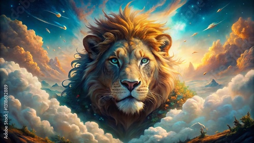 Surreal Lion Head Mascot: Majestic Fantasy Creature, Dreamlike Portrait photo