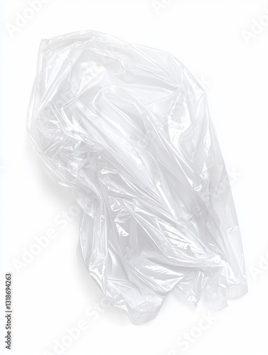 Crumpled Single Piece of Used Plastic Wrap on White Background