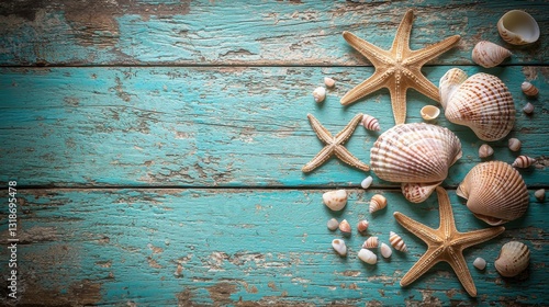Seashells and starfish are scattered on a distressed turquoise wooden surface for a beachy, nautical vibe.