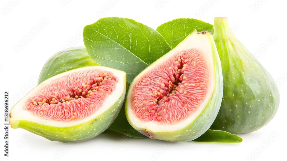 Fresh Green Figs Sliced Open Revealing Sweet Pink Interior on White Background Fresh Green Figs Sliced Open Revealing Sweet Pink Interior on White Background
