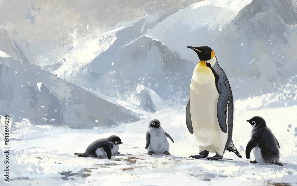 Fototapeta premium Emperor penguins with chicks on snowy Arctic ice—one standing guard while others rest in serene family scene.