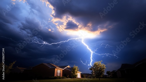 Stormy sky with a bright lightning bolt. The sky is dark and ominous, and the lightning bolt is a symbol of danger and power. The scene is set in a residential area, with houses in the background