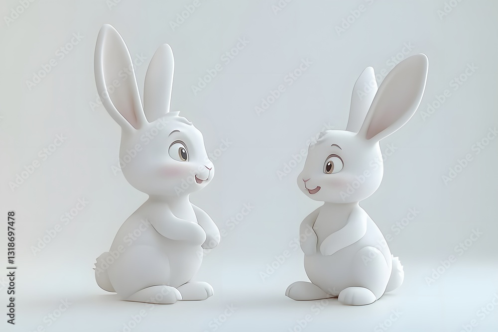 Obraz premium Two Cute Cartoon Bunnies Smiling and Engaging with Each Other on Soft White Background