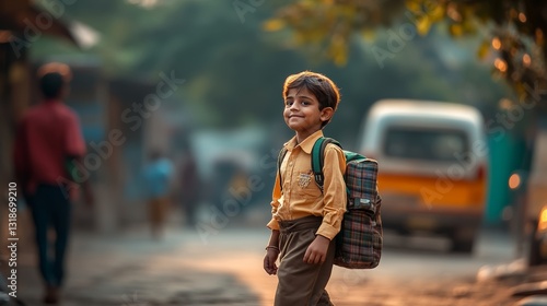 Fototapeta Naklejka Na Ścianę i Meble -  Young boy wearing a yellow shirt and brown pants is walking down a street with a backpack on his back