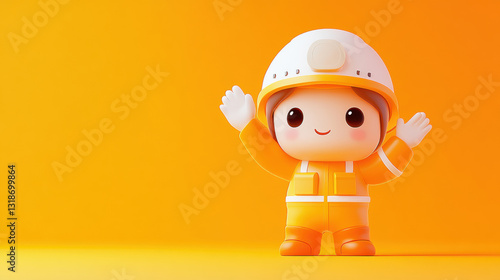 A engineer wearing a white helmet and uniform is waving his hand, 3D cartoon characters. Cute 3d illustration.