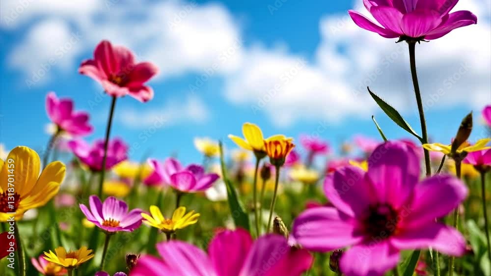Colorful Cosmos: Sunny Field with Vibrant Flowers Colorful Cosmos: Sunny Field with Vibrant Flowers