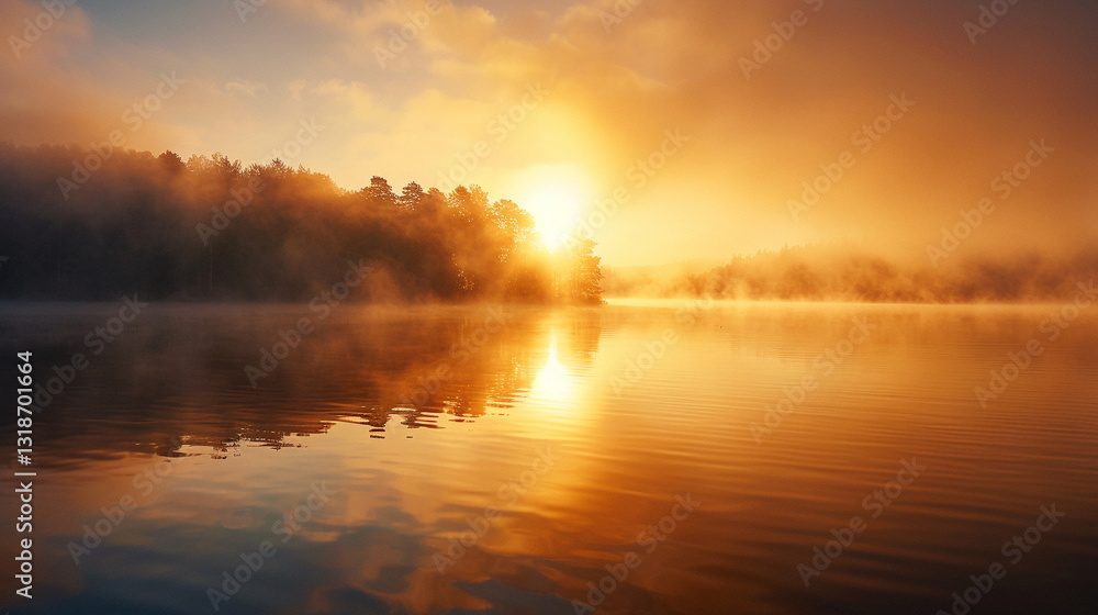 Obraz premium Tranquil Foggy Lake at Sunrise, Golden Reflections on Still Water