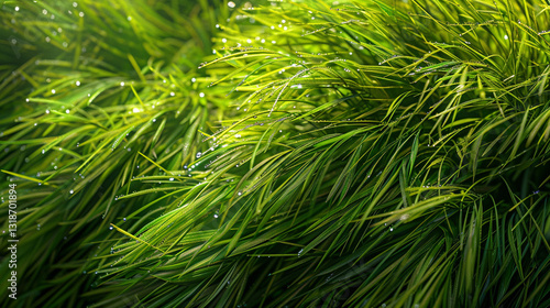 Soft Sunlight on Fresh Green Grass, Dewdrops Sparkling Close-Up