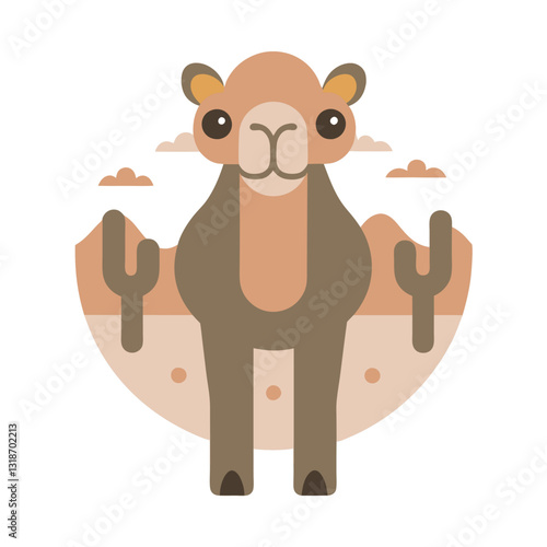 Cute Cartoon Camel in Desert Landscape Illustration