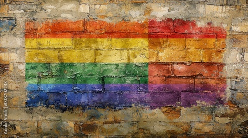 Vibrant rainbow flag mural on weathered brick wall celebrates diversity and inclusion in a vibrant urban setting