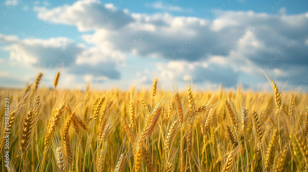 Fototapeta premium Golden Wheat Fields Under a Crisp Blue Sky, Soft Summer Breeze