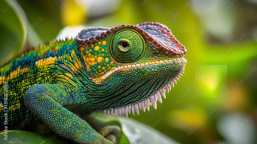 Obraz premium Close-Up of a Vibrant Chameleon with Intricate Textures and Bright, Colorful Patterns in a Lush Natural Setting