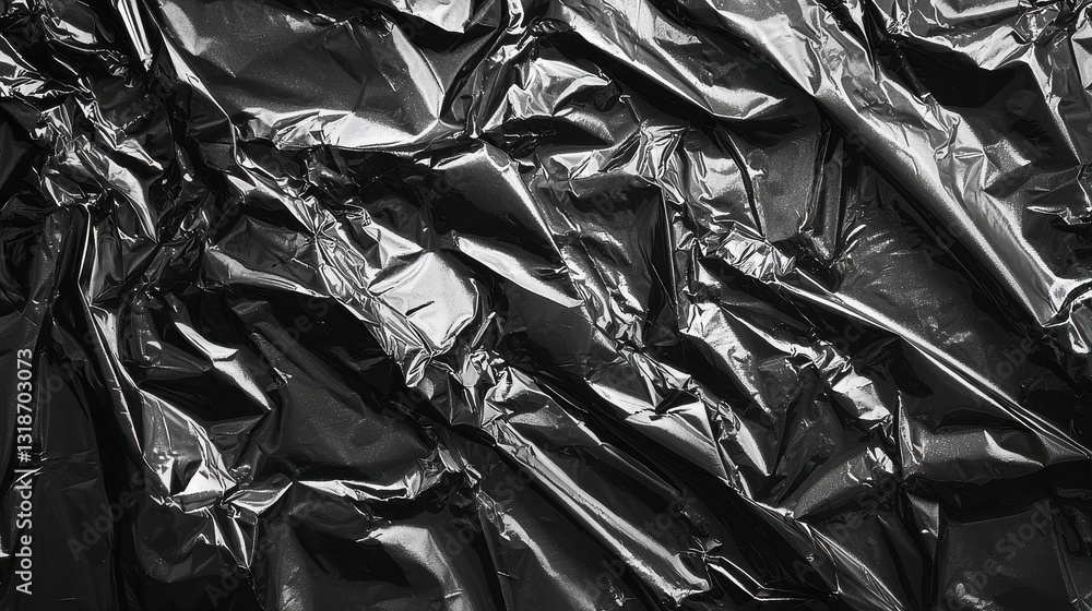 The image showcases a close-up view of crumpled black plastic, displaying intricate folds and textures with a shiny surface. The image showcases a close-up view of crumpled black plastic, displaying intricate folds and textures with a shiny surface.