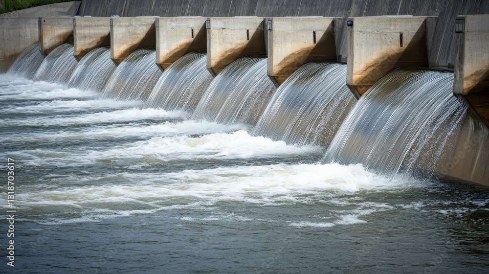 Water cascading over a dam structure, showcasing the flow and energy of nature's force Water cascading over a dam structure, showcasing the flow and energy of nature's force