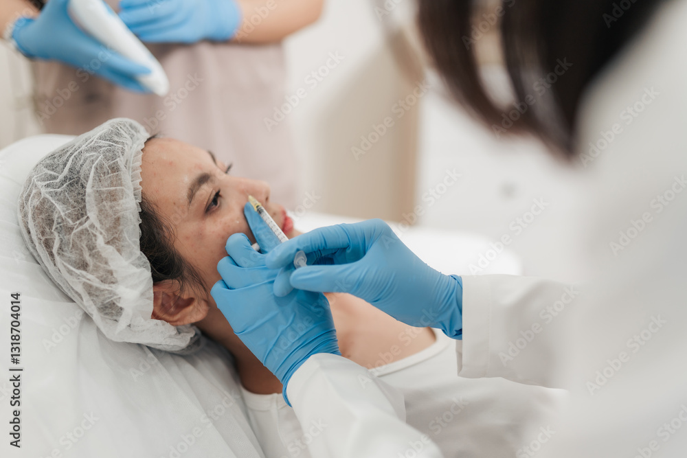 Selective focus hand of expert cosmetologist. Asian woman receiving a expert cosmetologist beauty injection on her nose. Facial beauty injection procedure. Anti aging concept. Selective focus hand of expert cosmetologist. Asian woman receiving a expert cosmetologist beauty injection on her nose. Facial beauty injection procedure. Anti aging concept.