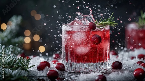 Festive cocktail with cranberries and ice splashes on a dark background
