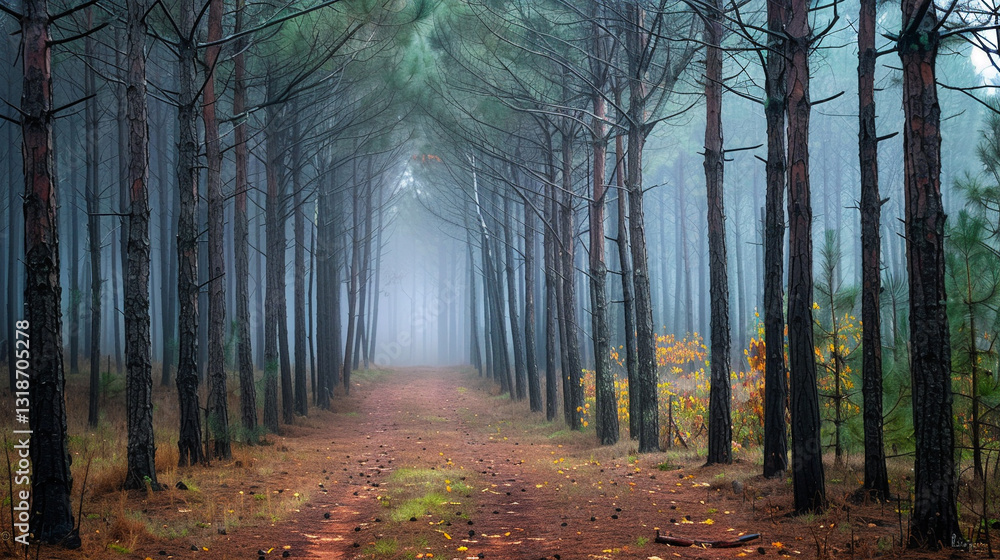 Fototapeta premium Rolling Fog Through a Misty Pine Forest, Tall Trees in Soft Light
