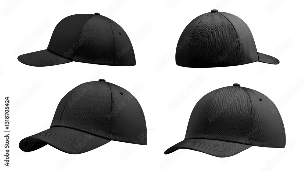 Four Black Baseball Caps with Abstract Wavy Pattern on Transparent Background Four Black Baseball Caps with Abstract Wavy Pattern on Transparent Background