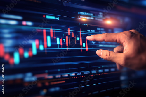 Stockbroker pointing at the K-line chart on the stock screen