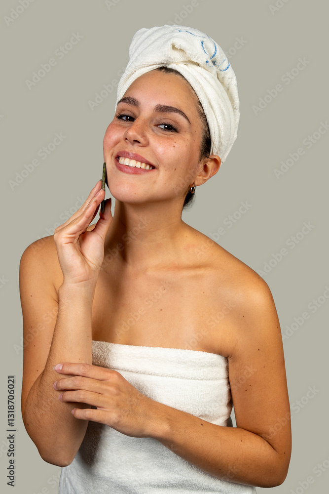 Smiling woman applying cosmetic product on face after shower Smiling woman applying cosmetic product on face after shower