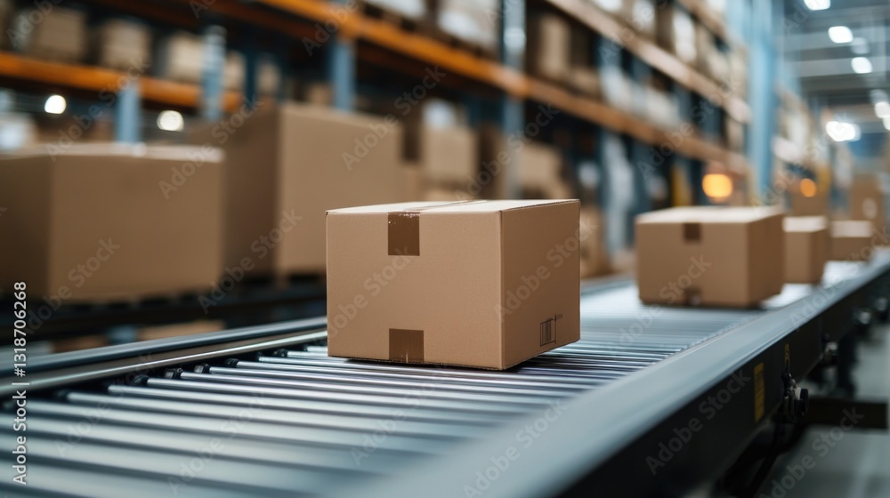 Cardboard boxes on conveyor belt in a warehouse setting Cardboard boxes on conveyor belt in a warehouse setting