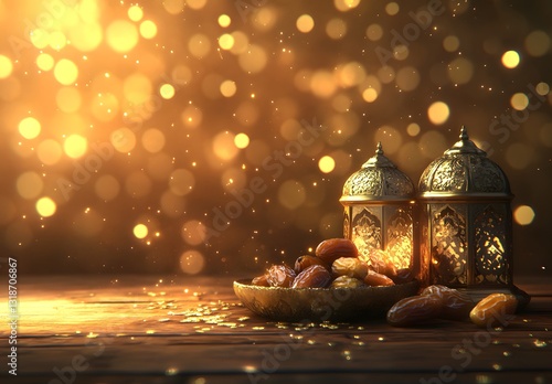 Ramadhan lanterns shine over a plate of assorted dates creating a warm festive atmosphere at night