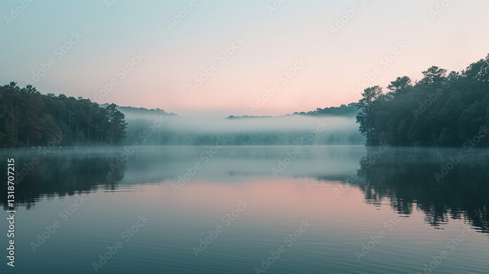 Fototapeta premium Misty Lake Reflecting the Gentle Hues of Sunrise, Tranquil Scene