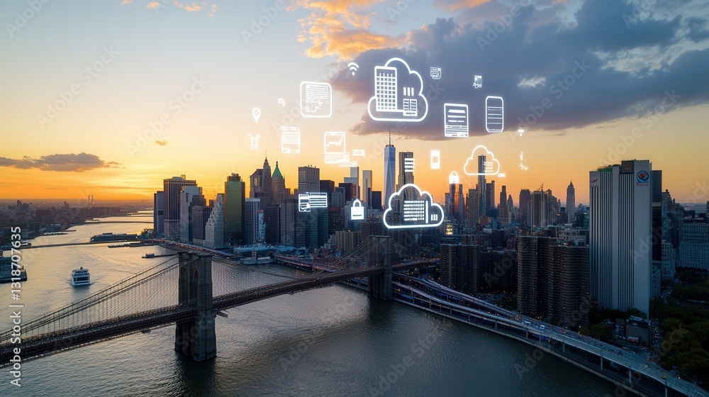 Fototapeta premium Breathtaking aerial view of New York City s iconic skyline and financial district at a dramatic sunset showcasing the city s towering skyscrapers bridges and reflective waterfront