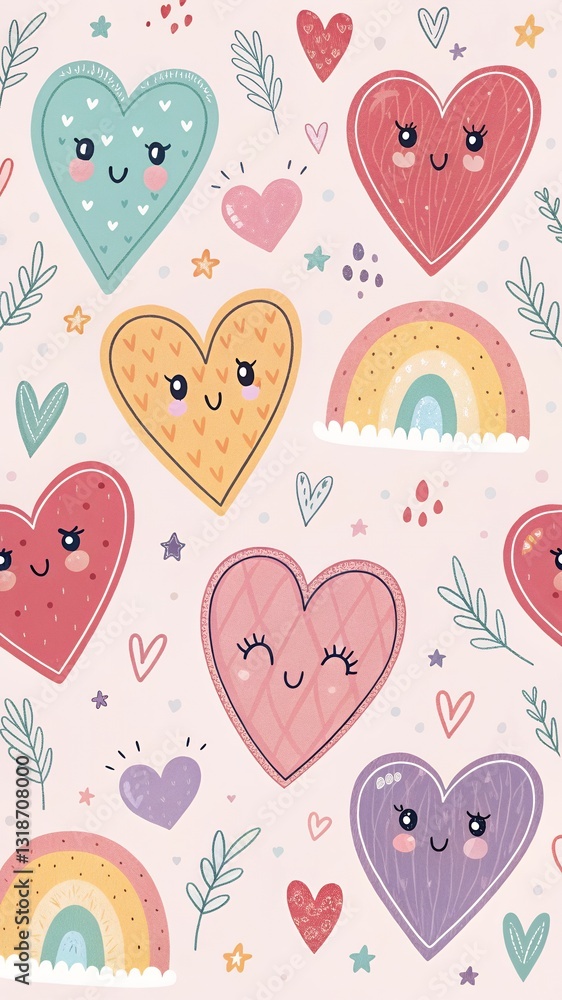 Whimsical Heart Characters Pattern with Pastel Colors and Sparkles Whimsical Heart Characters Pattern with Pastel Colors and Sparkles