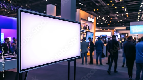 Large white signboard on a stylish display stand at a tech expo with futuristic gadgets and audience

