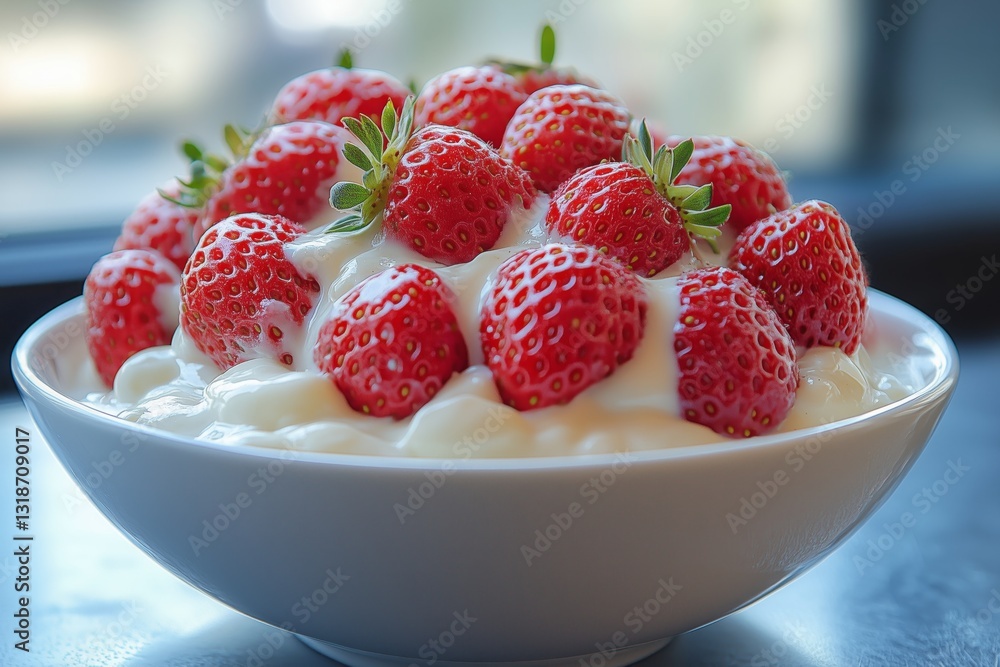 Bowl of Strawberries and Cream. Delicious strawberries covered in a creamy milk or cheese sauce Bowl of Strawberries and Cream. Delicious strawberries covered in a creamy milk or cheese sauce