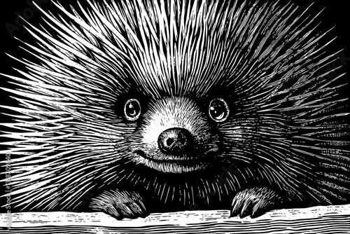 funny hedgehog portrait close up black and white hand drawn sketch