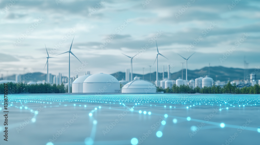 Naklejka premium Wind power generation and energy storage New energy technology New power system concept