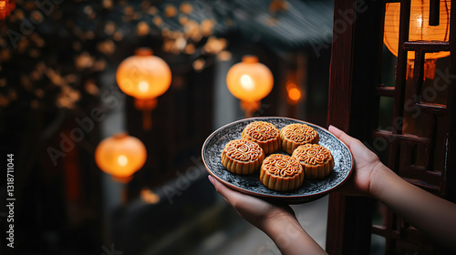 A plate of moon cakes on the background of the ancient town in Jiangnan during the Chinese Mid-Autumn Festival