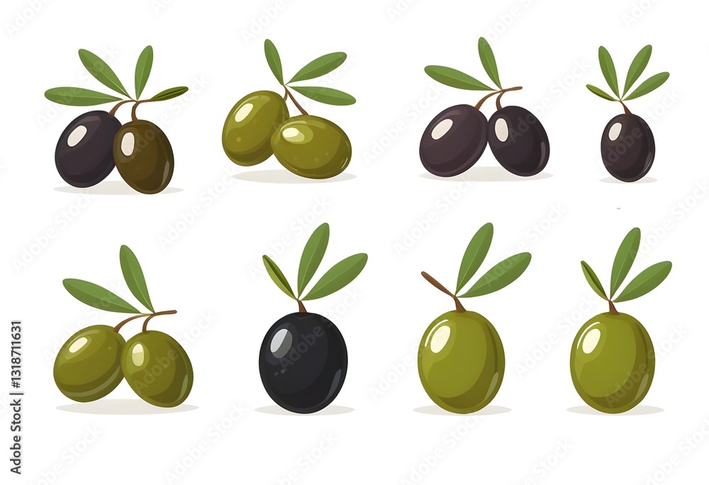 Obraz premium Set of different olives, including green, black, stuffed, and marinated varieties, illustrated in a children's book style, with a clean and simple look, isolated on a white background.