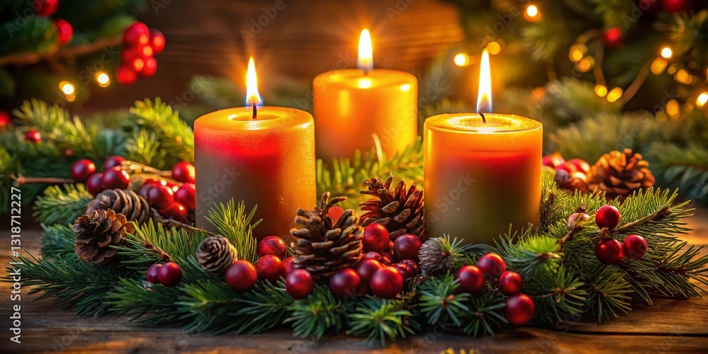 Third Advent Wreath with Three Lit Candles - Festive Christmas Decoration Third Advent Wreath with Three Lit Candles - Festive Christmas Decoration