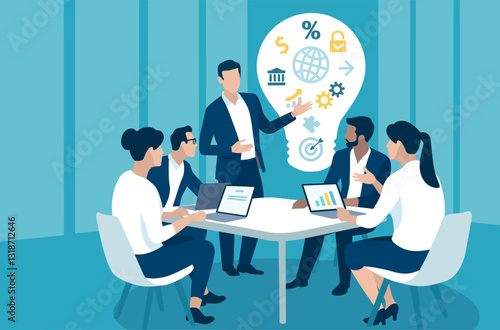 Presentation of an idea, project. Light bulb as a symbol of an idea. Discussion of a new business plan. Business vector illustration.