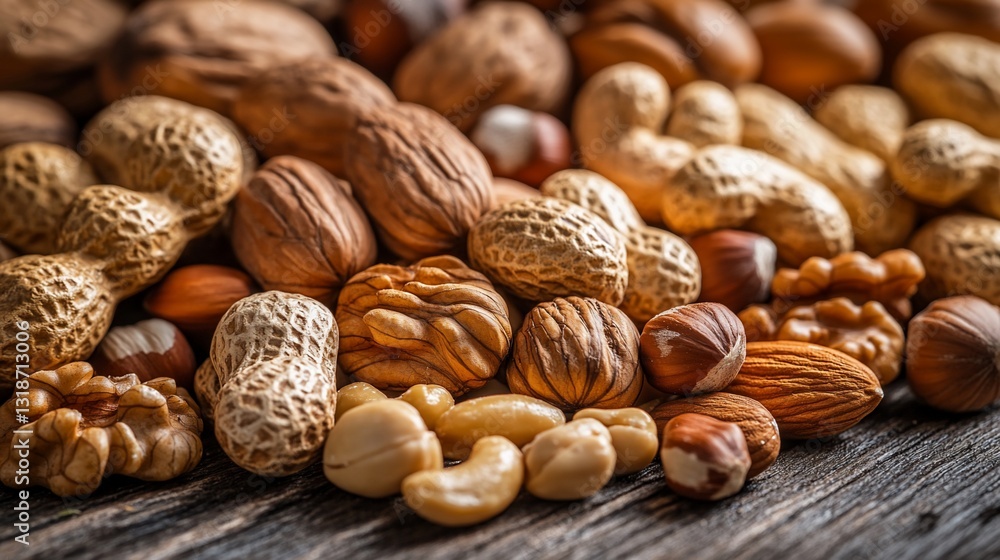 Assorted nuts pile high on rustic wooden surface, textured and warm toned Assorted nuts pile high on rustic wooden surface, textured and warm toned