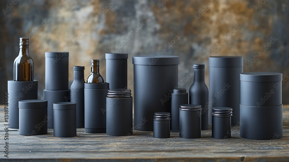 Assortment of black jars, bottles, & containers displayed on rustic wooden surface Assortment of black jars, bottles, & containers displayed on rustic wooden surface
