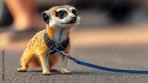 Small animal wearing a leash and harness. The leash is blue. The animal is a baby
