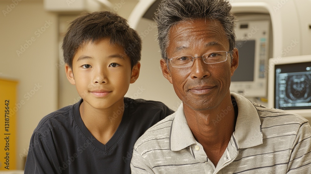 Family portrait of a father and son in a medical facility capturing bonds in a clinical environment Family portrait of a father and son in a medical facility capturing bonds in a clinical environment