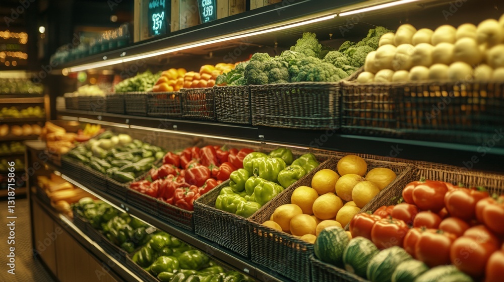 Vibrant display of fresh vegetables in a modern grocery store with organized shelves and lighting Vibrant display of fresh vegetables in a modern grocery store with organized shelves and lighting