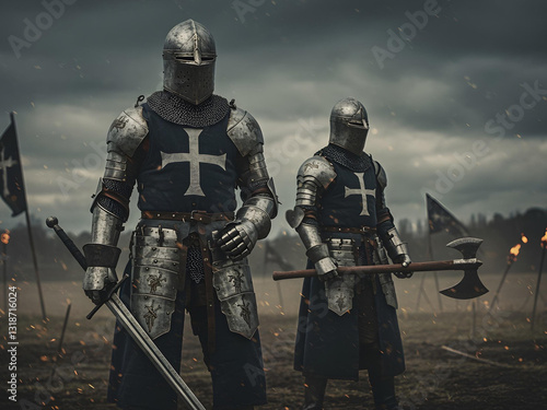 A highly detailed and realistic illustration of two medieval knights clad in full plate armor and helmets, standing ready for battle.