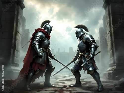 A highly detailed and realistic illustration of two medieval knights in full plate armor and helmets, standing face-to-face in an intense duel stance. 