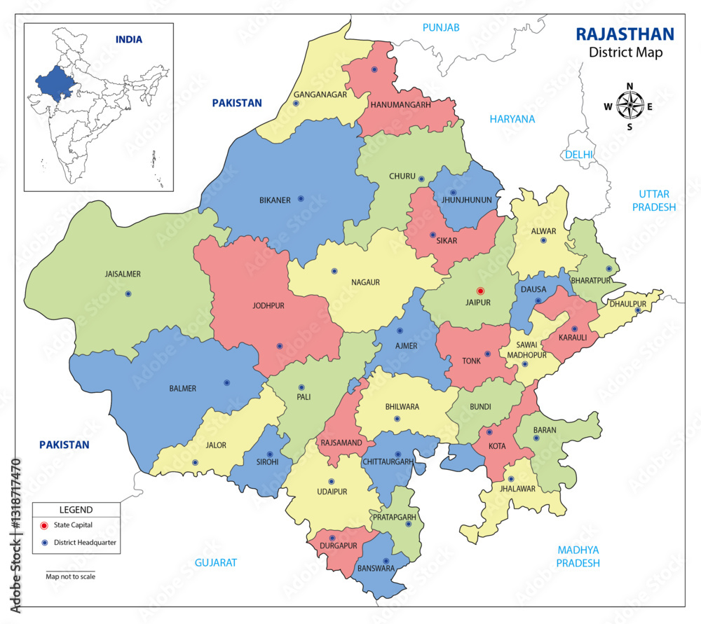 Obraz premium Rajasthan District Map – High-Resolution Vector Illustration Coloured