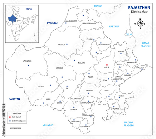 Rajasthan Map Outline with Districts Names with Legend