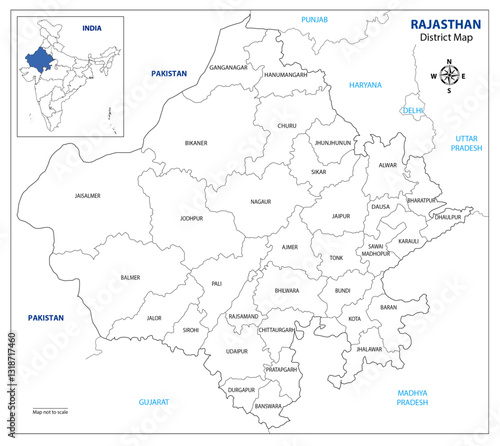 Rajasthan Map Outline with Districts Names and Boundries