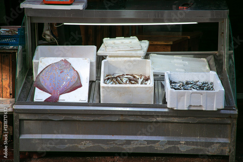 Freshly caught fish are sold at the Turkish market in the village. Flounder, mullet and sprat are sold at the fisherman's market photo