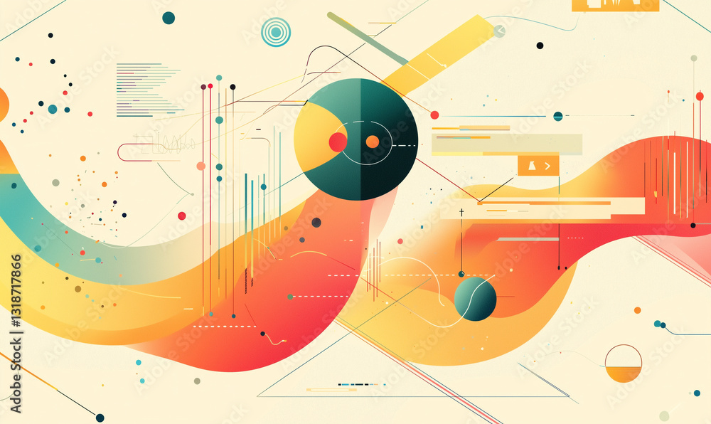 Obraz premium Abstract colorful design with geometric shapes and fluid lines on a light background.